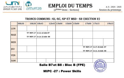 Emplois du temps des travaux pratiques : Power Skills