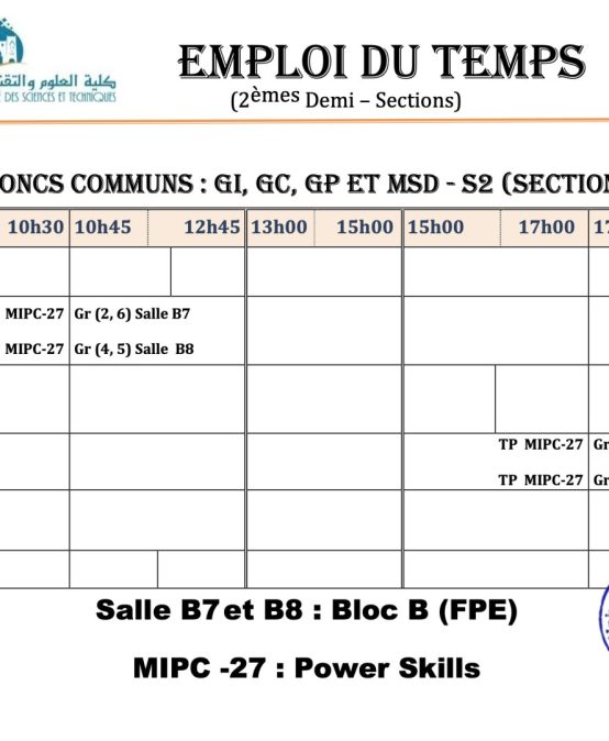 Emplois du temps des travaux pratiques : Power Skills
