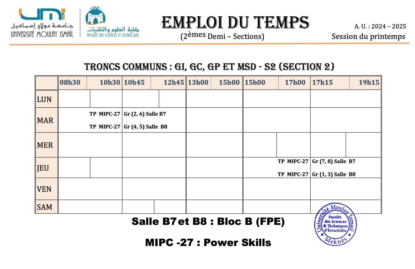 Emplois du temps des travaux pratiques : Power Skills