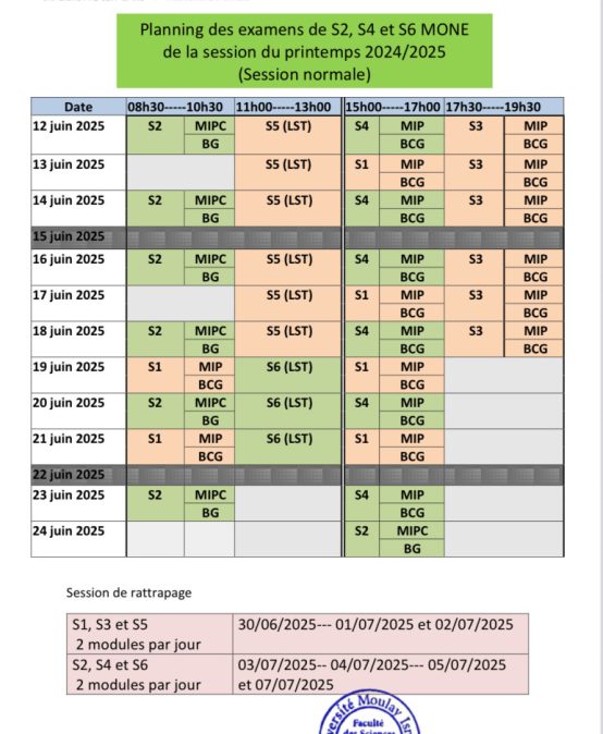 Calendrier des examens (S2, S4 et S6 & MONE) de la session du printemps 2024/2025 (Session normale + rattrapage)