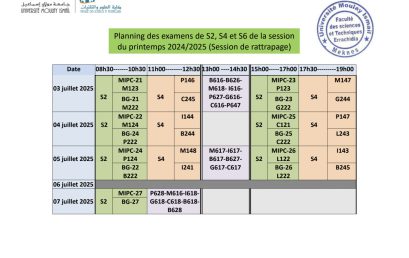 Planning des examens des modules de la session de rattrapage (printemps 2024/2025 : S2, S4 et S6)