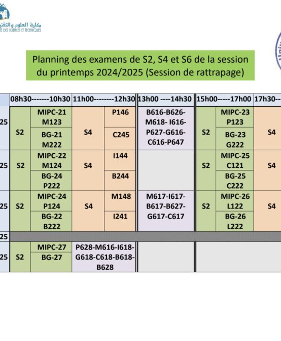 Planning des examens des modules de la session de rattrapage (printemps 2024/2025 : S2, S4 et S6)