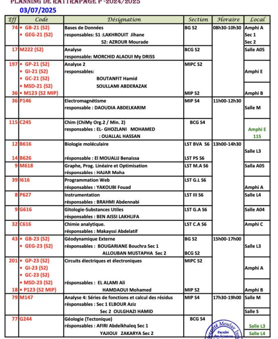 Planning de rattrapage P – 2024/2025 – 03/07/2025 –