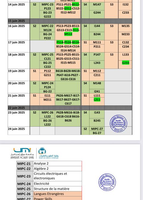 Planning des examens de S2, S4 et S6 MONE de la session du printemps 2024/2025 (Session normale)