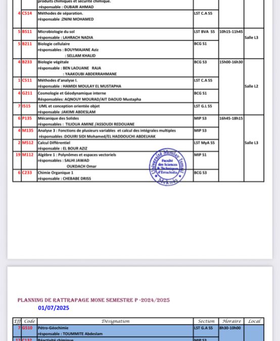 Planning de rattrapage MONE : session du P -2024/2025