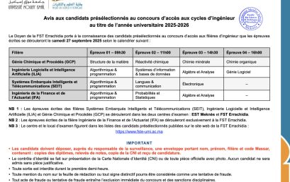 Avis aux candidats présélectionnés au concours d’accès aux cycles d’ingénieur au titre de l’année universitaire 2025-2026