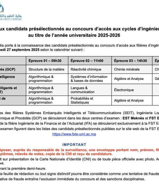 Avis aux candidats présélectionnés au concours d’accès aux cycles d’ingénieur au titre de l’année universitaire 2025-2026