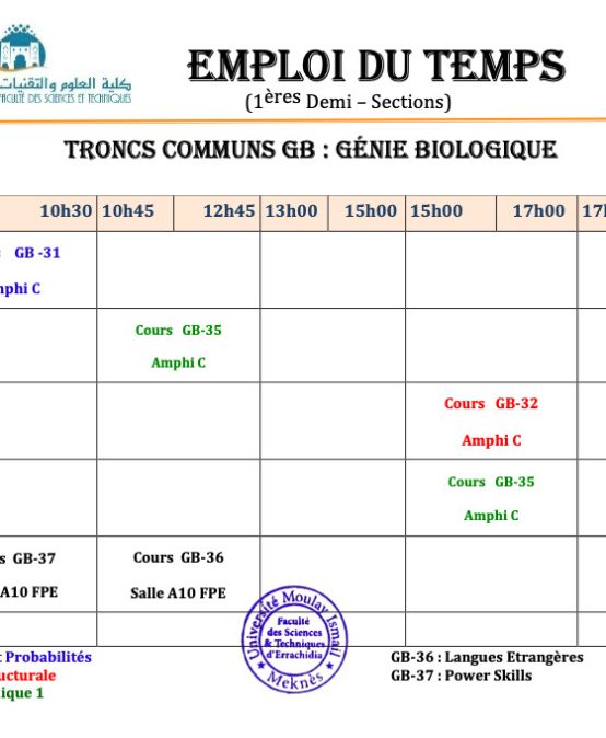 Emplois du temps des cours par parcours (TCs et filières)