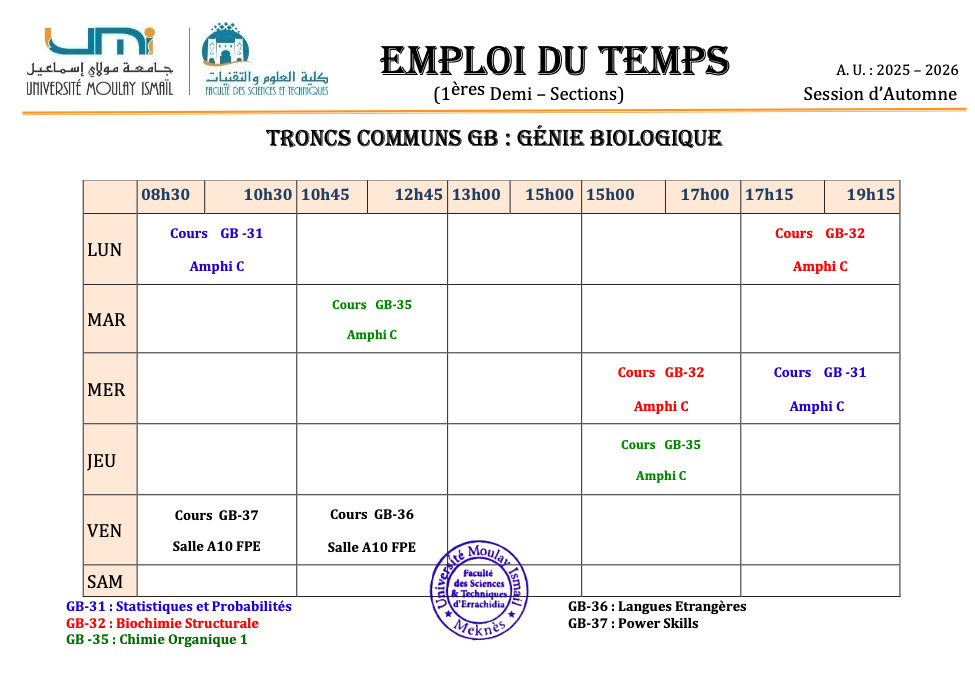 Emplois du temps des cours par parcours (TCs et filières)