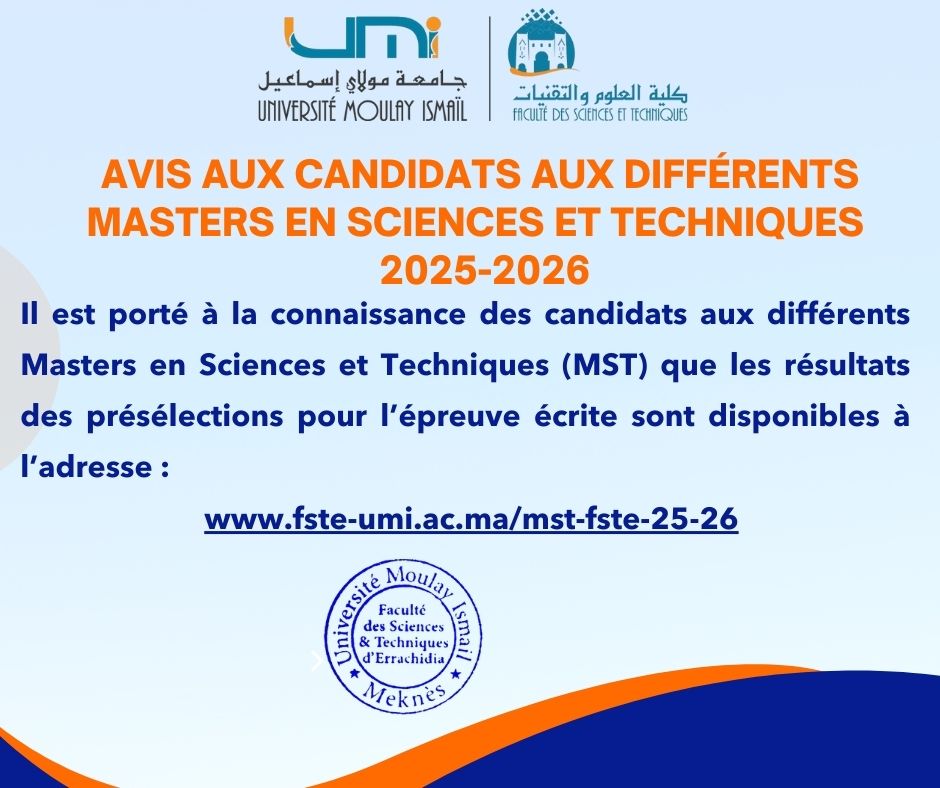 Formations Master en Sciences et Techniques : Résultats de présélection 2025-2026