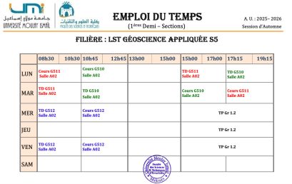 Emplois du temps par parcours (TCs et LST) : A-2025/2026