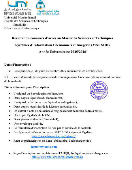 Master en Sciences et Techniques : Résultats d’admission 2025-2026