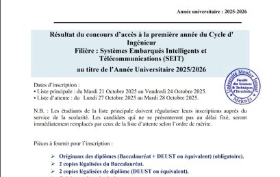 Cycle d’Ingénieur : Résultats d’admission 2025-2026