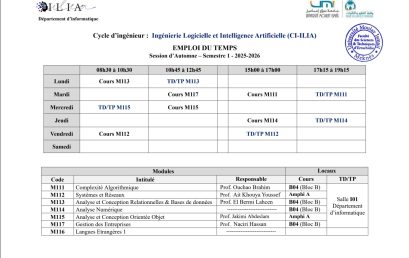 CI ILIA S1: Début des enseignements et emploi du temps