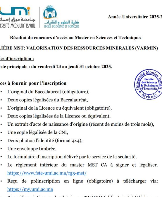 Master en Sciences et Techniques : Résultats d’admission 2025-2026 Master en Sciences et Techniques : Résultats d’admission 2025-2026