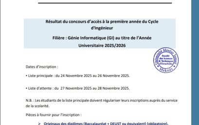 Cycle d’Ingénieur : Résultats d’admission 2025-2026