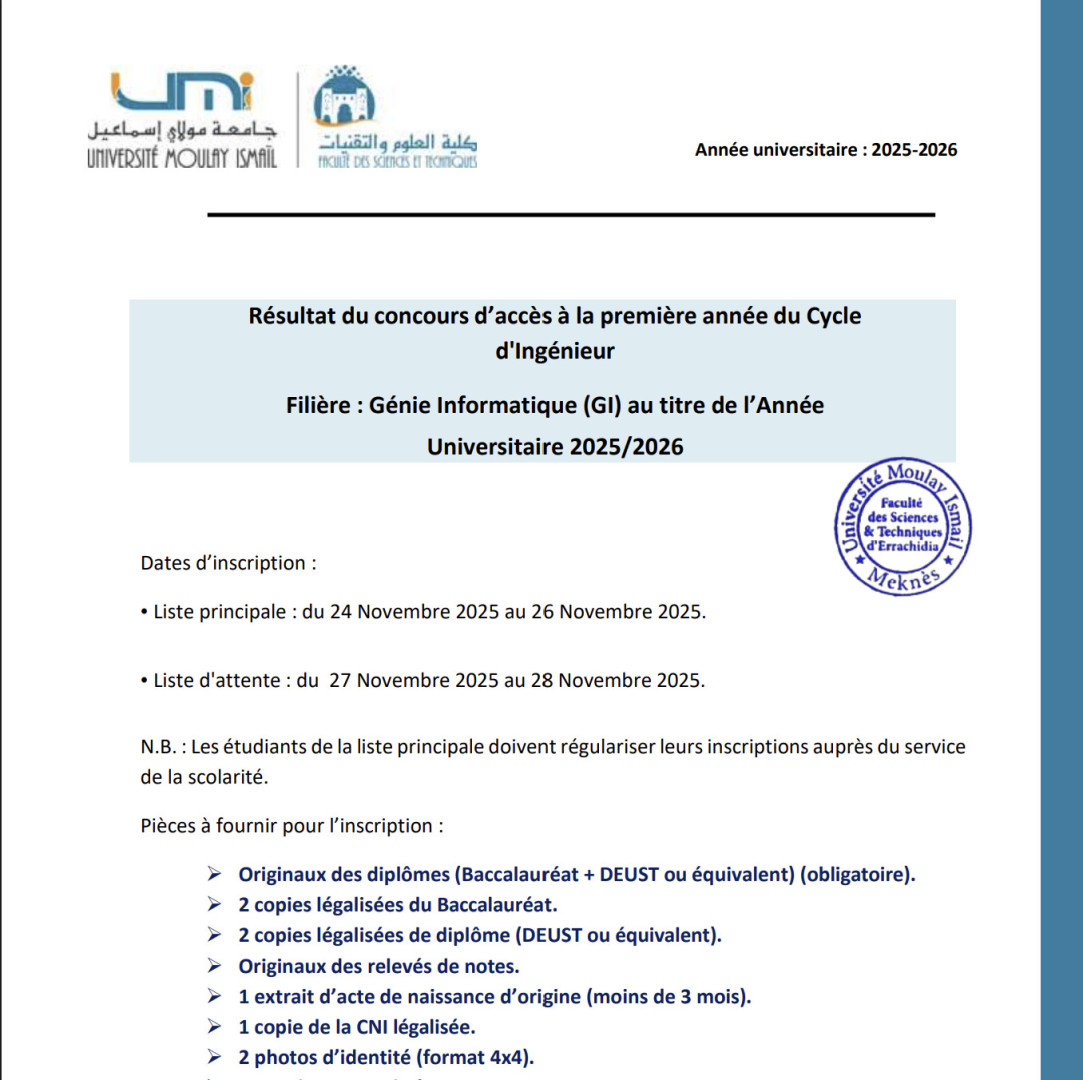 Cycle d’Ingénieur : Résultats d’admission 2025-2026