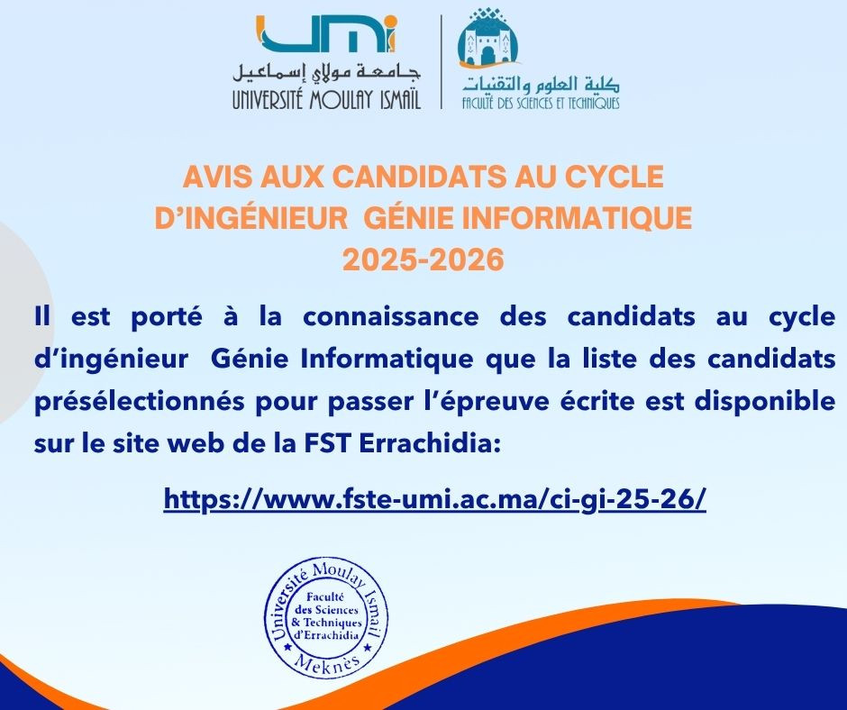 Cycle d’Ingénieur Génie Informatique : Résultat de présélection 25-26