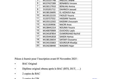 Liste des étudiants externes autorisés à s’inscrire en LST : Energies renouvelables Année universitaire : 2025-2026