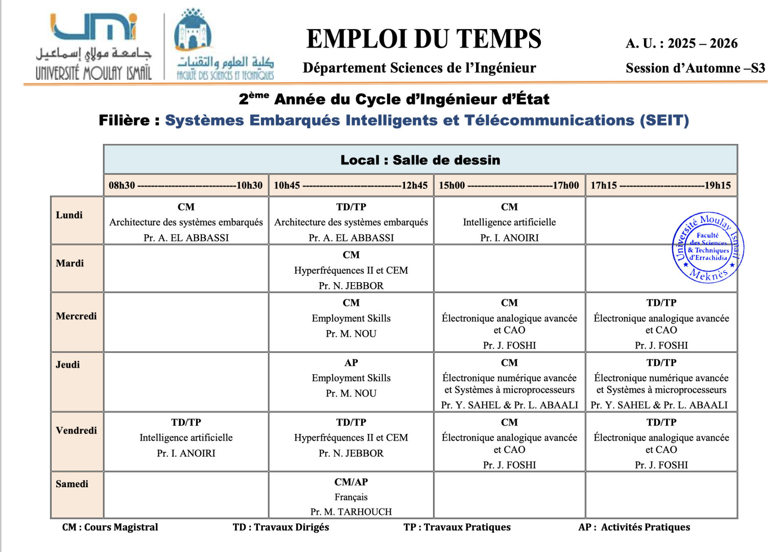 Cycle d’Ingénieur d’État SEIT: Emploi du temps S3
