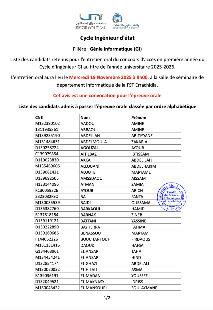 Liste des candidats retenus pour l’entretien oral du concours d’accès en première année du Cycle d’Ingénieur GI au titre de l’année universitaire 2025-2026