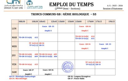 Emplois du temps par parcours (TCs et filières) de la deuxième demi-section