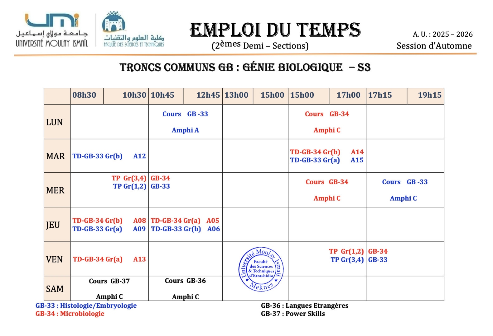 Emplois du temps par parcours (TCs et filières) de la deuxième demi-section