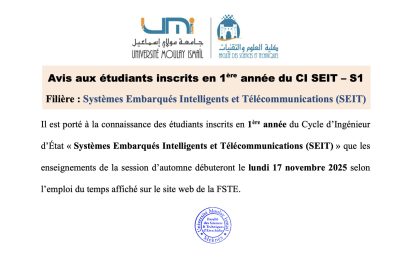 Avis aux étudiants inscrits en 1 ère année du CI SEIT – S1