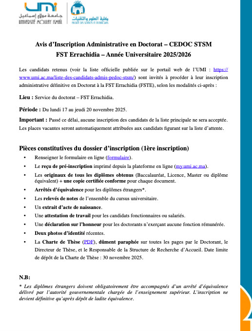 Avis d’Inscription Administrative en Doctorat – CEDOC STSM FST Errachidia – Année Universitaire 2025/2026