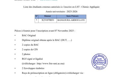 Liste des étudiants externes autorisés à s’inscrire en LST : Chimie Appliquée Année universitaire : 2025-2026