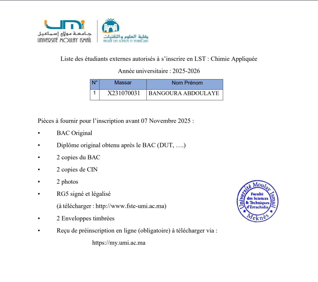 Liste des étudiants externes autorisés à s’inscrire en LST : Chimie Appliquée Année universitaire : 2025-2026