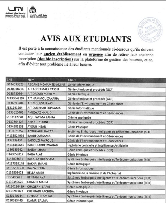 Avis Important aux Étudiants Concernés par la Bourse