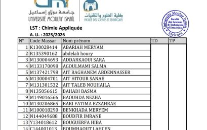 Liste des étudiants inscrits en S5 : LST chimie appliquée