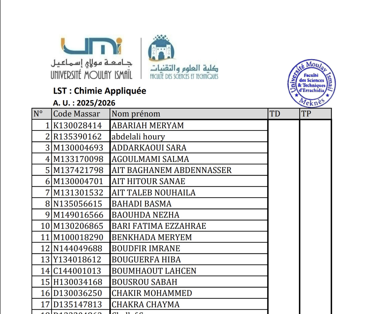 Liste des étudiants inscrits en S5 : LST chimie appliquée