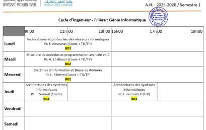 Emploi du Temps – Cycle d’Ingénieur Génie Informatique (Semestre 1 – 2025/2026)