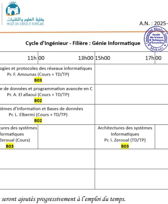 Emploi du Temps – Cycle d’Ingénieur Génie Informatique (Semestre 1 – 2025/2026)