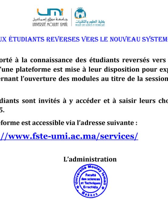 Avis aux étudiants REVERSES VERS LE NOUVEAU SYSTEME