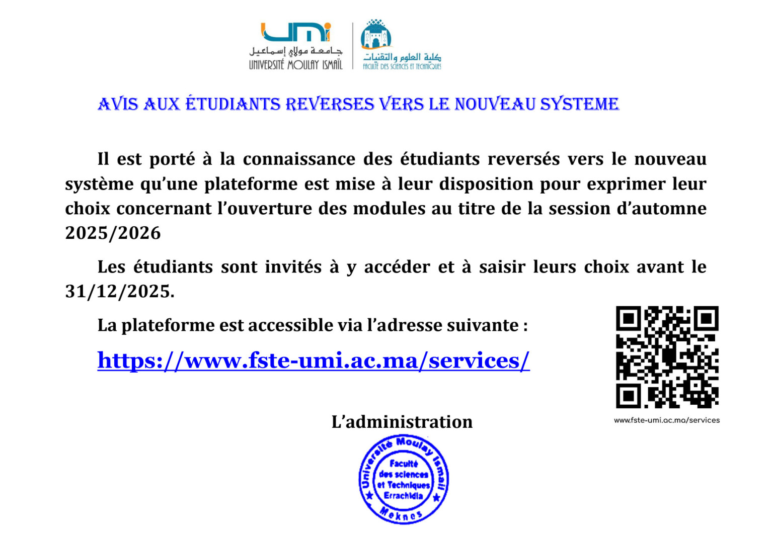 Avis aux étudiants REVERSES VERS LE NOUVEAU SYSTEME