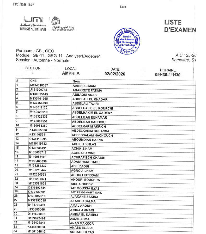 Planning et Locaux d’Examen du 2 Février 2026