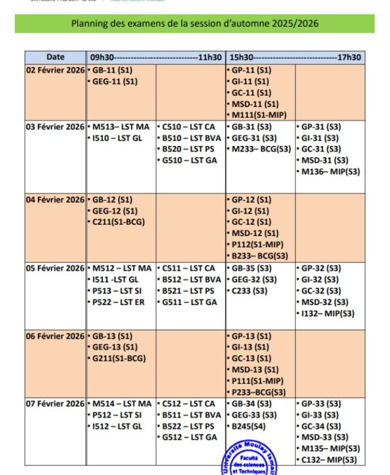 Planning des examens de la session d’automne 2025/2026