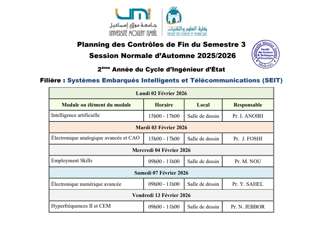 Planning des examens CI SEIT-S3_session normale 2025-2026