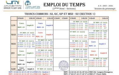 Emploi du Temps Rectifié : TC MIPC – 1ère Demi-Section (S2)