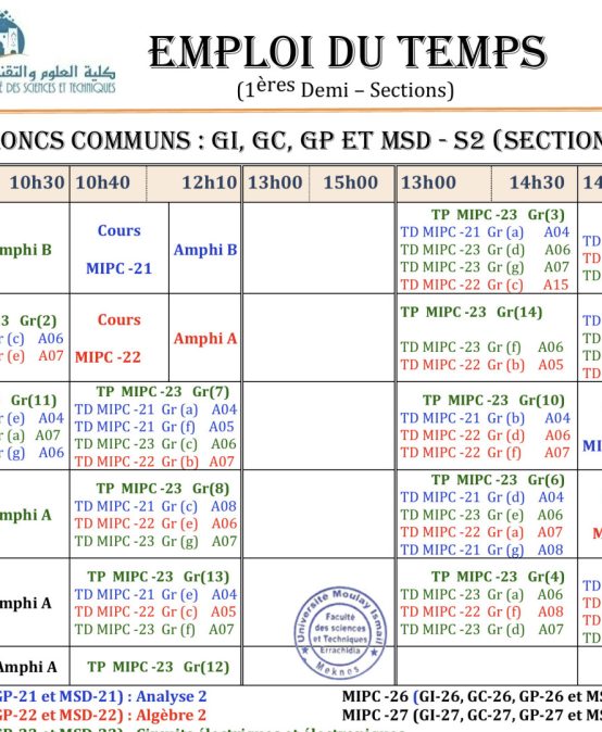 Emploi du Temps Rectifié : TC MIPC – 1ère Demi-Section (S2)