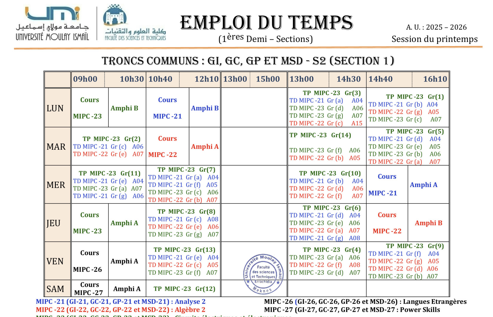 Emploi du Temps Rectifié : TC MIPC – 1ère Demi-Section (S2)
