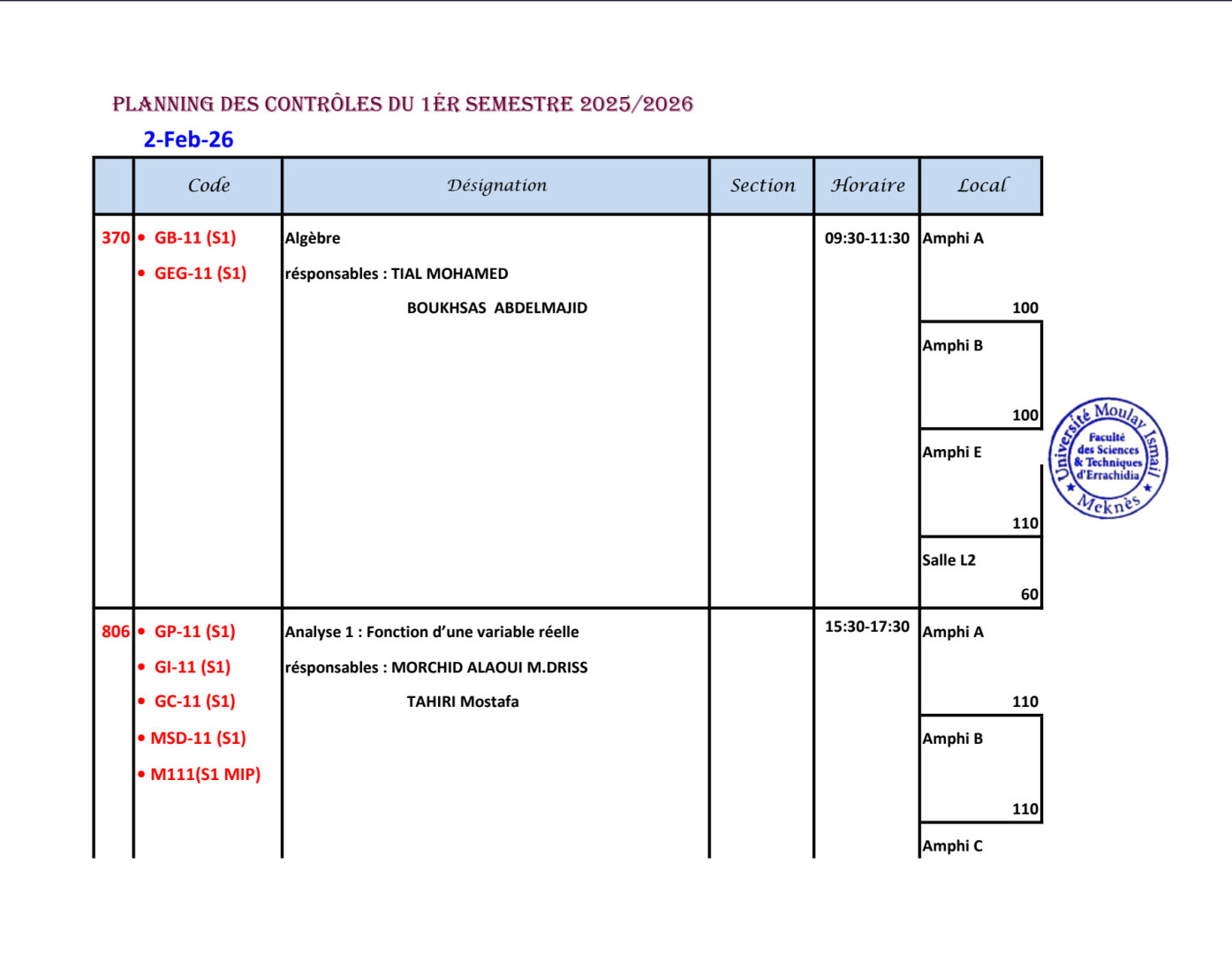 Planning détaillé des examens de la session normale d’automne Année universitaire 2025–2026