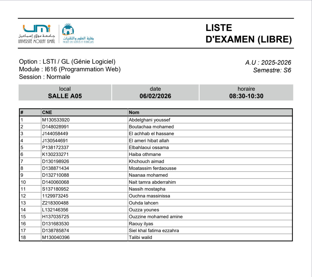Planning et Locaux d’Examen du 6 Février 2026