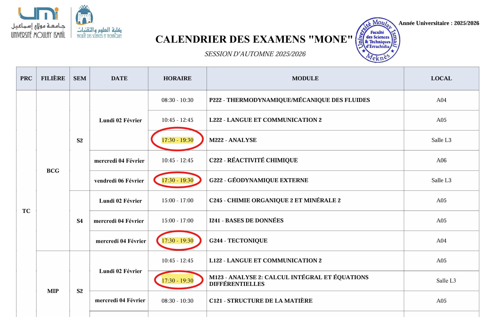 Planning détaillé des examens “MONE” Année universitaire 2025–2026