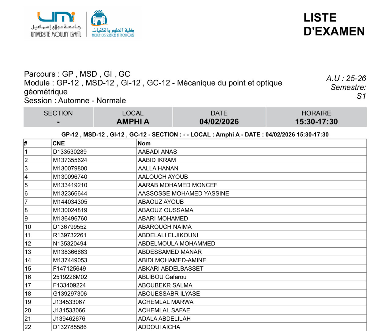 Planning et Locaux d’Examen du 4 Février 2026
