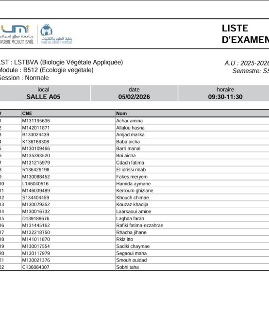 Planning et Locaux d’Examen du 5 Février 2026