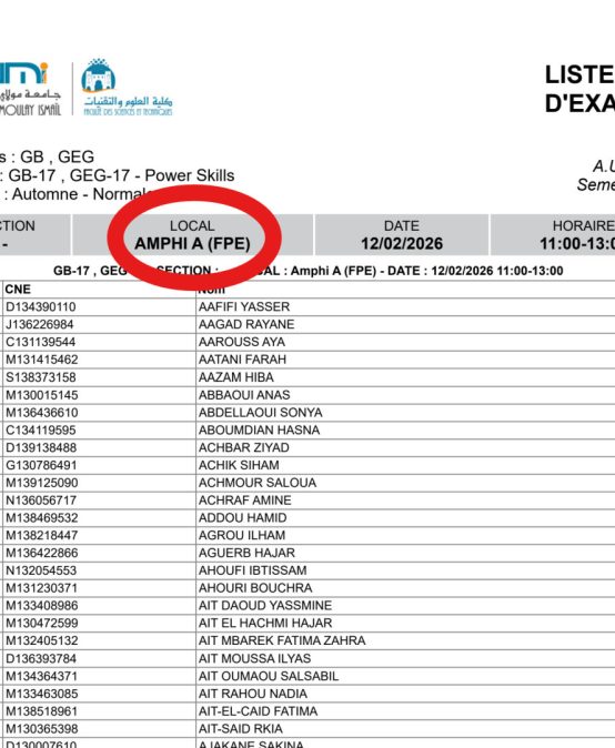 Planning et locaux des examens – 12 février 2026